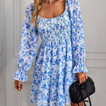 Ribbed Long Sleeve Chiffon Dress Crewneck Elegant Batwing Bohemian Floral Printed Dress
