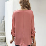 Nadorine V-Neck Long Sleeve Buckle T-Shirt Plain Shirts Shirt Top Elegant Shirts Casual Slim Fit Basic