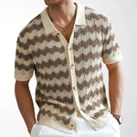 KZZ Men's Retro Hong Kong Style Wavy Open-Knit Polo Shirt