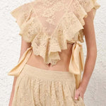 Salenia Lace Appliqué High Neck Side Tie-up Ruffle Cropped Top