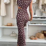 Roxane Polka Dot Print Shoulder Pad Metal Cutout Waist Slit Stretch Maxi Dress