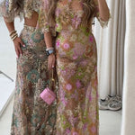 Fashionable Embroidered Flower Sequined Crop Top and Elegant Sheer Maxi Skirt Set