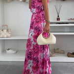Fashionable Round Neck Shoulder Pads Top and Elastic Waist Pleated Wide-leg Pants Set