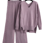 Stylish Loose Long Sleeves Solid Color V-Neck Sweater Tops& Wide Leg Pants Two Pieces Set