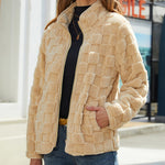 Long-sleeved Zippered Cardigan Loose Solid Color Checkered Plush Jacket