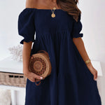 Off Shoulder Summer Casual Dresses Solid Loose Fit Short Flowy Pleated Dress Swing Beach Sundress