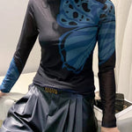 Long Sleeves Skinny Butterfly Print Split-Joint Mock Neck T-Shirts Tops
