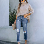 Ripped Stretch Skinny Jeans Mid Waist Distressed Denim Pants