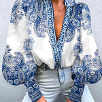 Long Sleeves Loose Buttoned Flower Print V-Neck Blouses&Shirts Tops