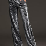 Sporty Retro Striped Mesh Sleeve Gray Leopard Print Velvet Sweatshirt And Pants Set