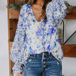 Nadorine Long Sleeve Boho Drawstring Floral Print V Neck Shirt Buttoned Blouse Casual Tunic Tops