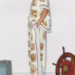 Lakeside Breeze Linen Blend Unique Print Elastic Waist Pocket Wide Leg Pants