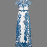 Bodycon High Waisted Flower Print Hollow Pockets Cold Shoulder Maxi Dresses