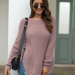 Nadorine Crew Neck Long Sleeve Slit Pullover Knit Sweater