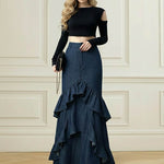 Bodycon High Waisted Ruffled Solid Color Split-Joint Skirts Bottoms