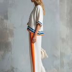 Casual Urban Style Contrast-Trimmed White T-Shirt & Wide-Leg Pants Cotton-Linen Set