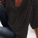 Cotton Linen Blend Patchwork Hollow Out Tassel Blouse