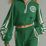 Fashion Casual White Decorative Green Half-zip Top Wide-leg Pants Knitted Set