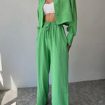 Two Piece Outfits Casual Lounge Sets Long Sleeve Short Casual Shirt with Drawstring Trousers Set