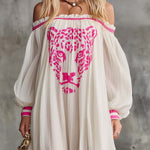 Elegant Flowing, Ultra-loose Off-shoulder Pink Leopard Print Off-white Chiffon Maxi Dress