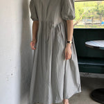 Original Loose Solid Color Pleated Puff Sleeves Midi Dress