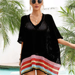 Hollow Out Beach Swimsuit Coverups Oversized Short Sleeve V Neck Loose Knit Bikini Cover Up