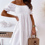 Off Shoulder Summer Casual Dresses Solid Loose Fit Short Flowy Pleated Dress Swing Beach Sundress