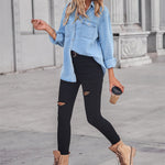 Nadorine Casual Flap Long Sleeve Single Breasted Pocket Denim Jacket