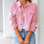 Nadorine Cropped Denim Jacket Button Down Short Trucker Distressed Raw Hem Ripped Jean Jackets