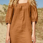 Minimalist style bubble sleeved casual square neck cotton linen dress