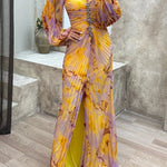 Sunset Serenade Printed Off Shoulder Diamond Embellished Pleated Slit Maxi Dress