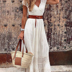 Summer Short Sleeve V Neck Lace Long Dress Wedding Guest Dresses