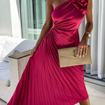 Romantic Nights Satin Raised Flower Elastic Cutout One Shoulder Pleated Maxi Dress