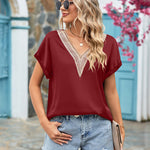 Short Sleeve V Neck Blouse Top Lace Trim Casual Summer Tee Shirt