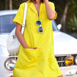 Loose Short Sleeves Pockets Solid Color Notched Collar Mini Dresses