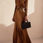 Long Sleeves Loose Pleated Shiny Solid Color Split-Joint Tied Waist High Neck Evening Dresses Maxi Dresses