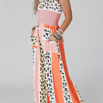 Pink Leopard Color Block Mix Print Straps Jumpsuit