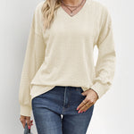 V-Neck Solid Color Twisted Knit Long Sleeve Loose T-Shirt Tops