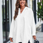 Nadorine Long Cuffed Sleeve Shirts Button Down V Neck Blouse Loose Fitting Tops