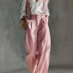 Elegant Vintage Versatile Pink Cotton And Linen Wide-leg Pants Overalls