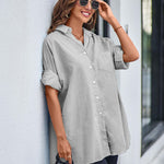 Nadorine Long Cuffed Sleeve Shirts Button Down V Neck Blouse Loose Fitting Tops
