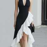 Black & White Asymmetric Ruffle Halter Gown