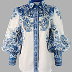 Long Sleeves Loose Buttoned Flower Print V-Neck Blouses&Shirts Tops