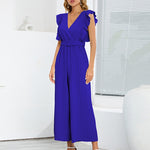 Nadorine Women's Casual Loose Jumpsuit V Neck Sleeveless Solid Ruffle Pleated Wide-leg Long Playsuit with Belt