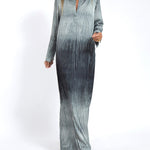 Ombre Print Long Sleeve Pleated Long Dress