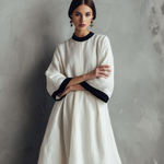 Women's Elegant White Woven Round-neck Long-sleeved Loose-fitting Maxi Dress