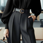 Puff Sleeves Pleated Solid Color Split-Joint High Neck Blouses&Shirts Tops