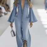 Casual Retro Light Blue Denim Flared Long-Sleeved Wide-Leg Raw Edge Jumpsuit