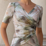 Print Ruched V-Neck Short-Sleeves Fitted Top