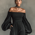 Women's Off-the-shoulder Long-sleeved Pleated Fabric Jumpsuit